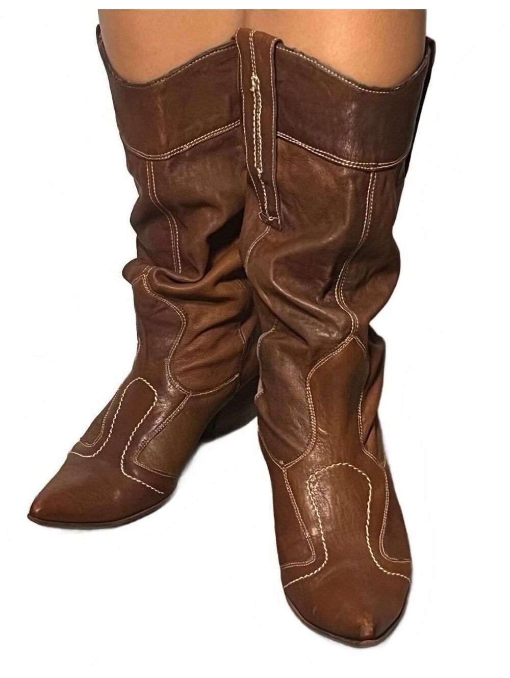 Vic Matie Italian Leather Slouch Cowboy Boots Brown Pointed Toe Y2K Size 38.5 - Picture 2 of 9